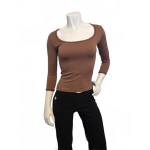 Lonely Hearts Brown Scoop Neck Top Womens Medium 3/4 Sleeve Fitted Stretch